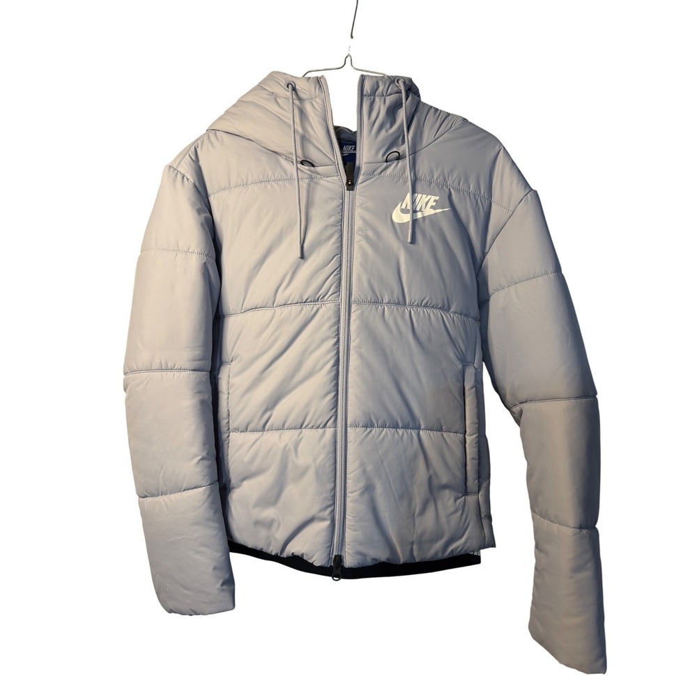 Nike Puffer Jacket Light Blue Hooded Full Zip Quilted Logo Womens XS Winterwear